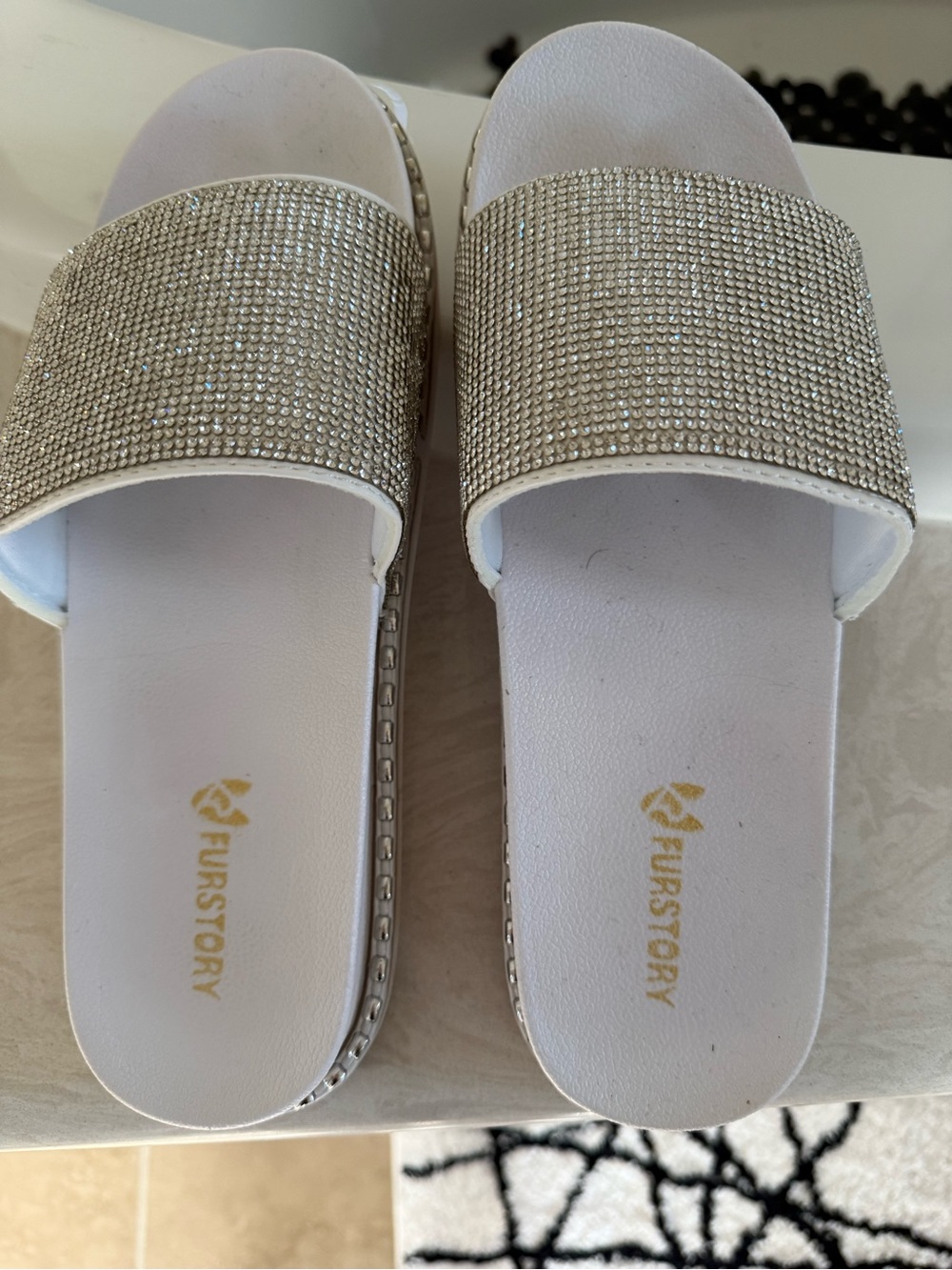 FurStory White Sandals Slides with Silver Rhinestones 11-11.5 EU 42 New